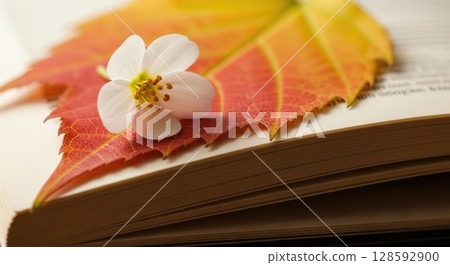 Symbolic School Start - Autumn Leaf on Textbook Symbolic School Start - Autumn Leaf on Textbook 128592900