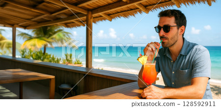 Young Caucasian man enjoying refreshing tropical cocktail at beach bar overlooking the ocean during sunny day. Concept of relaxation, vacation, and leisure in paradise. Wide banner with copy space 128592911