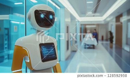 Modern medical robot assistant in hospital corridor ready to assist patients. healthcare technology, patient care, robotic nurse, innovation in medicine, medical assistance, futuristic technology 128592938