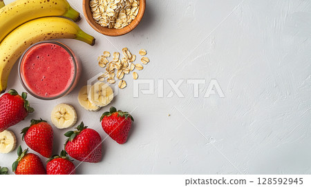 Delicious flat lay of healthy strawberry banana smoothie with fresh fruits and oats. concept of nutritious breakfast, natural ingredients, balanced diet, healthy lifestyle, Copy space 128592945