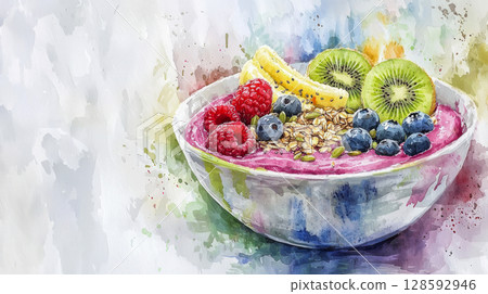 Watercolor painting of a healthy smoothie bowl with fresh fruit and grains. concept of artistic food presentation, nutritious eating, creative meal art, wellness lifestyle, Copy space 128592946