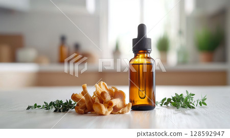 Hericium erinaceus lions mane mushroom tincture in a small amber bottle on table. concept of herbal medicine, natural remedies, health supplements, fungal extracts 128592947