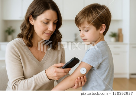 Mother scanning glucose sensor on arm of young boy with diabetes using modern CGM reader at home. Concept of continuous glucose monitoring, child diabetes care, wearable health technology 128592957