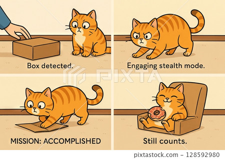 Cute orange tabby cat playfully engaging with box and eating donut in humorous comic strip style illustration. concept of feline curiosity, playful pet behavior, and funny animal moment 128592980