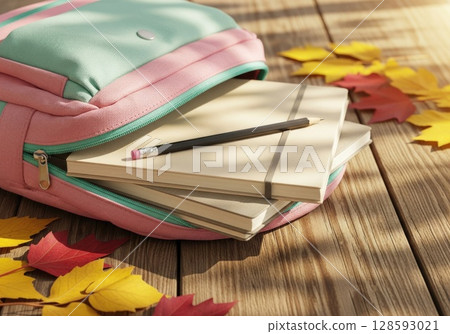 Backpack Ready for School: Notebooks and Fall Leaves 128593021