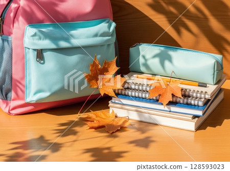 Fresh Start: New Backpack with School Supplies and Autumn Leaves 128593023