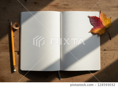 Fresh Start: Blank Notebook and Pencil on Wooden Desk 128593032