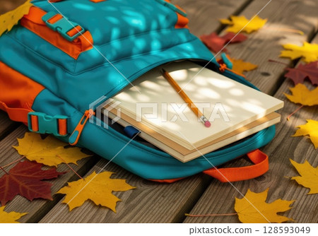 Backpack Ready for School: Notebooks and Fall Leaves 128593049