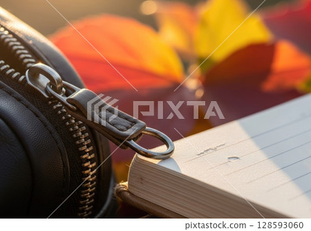 Textured Details: Backpack Zipper and School Notebook 128593060