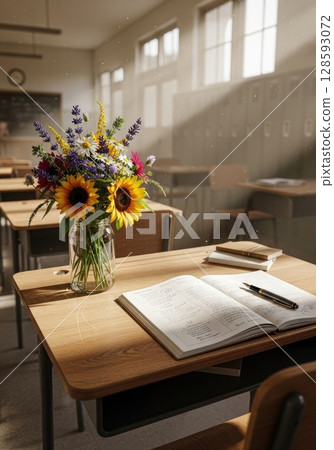Empty Classroom Desk Awaiting Student Arrival Empty Classroom Desk Awaiting Student Arrival 128593072