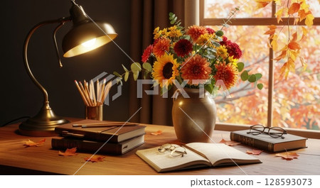 Back to School Still Life with Flowers and Stationery 128593073