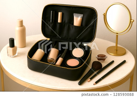 Elegant makeup vanity setup with foundation, blush, and brushes in luxurious black cosmetic bag on marble table. concept of beauty essentials, modern glamour, personal care. Elegant makeup vanity setup with foundation, blush, and brushes in luxurious black cosmetic bag on marble table. concept of beauty essentials, modern glamour, personal care. 128593088