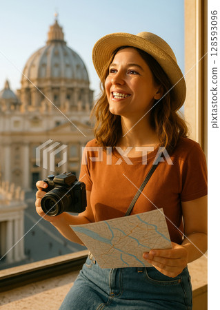 Young caucasian woman tourist holding camera and map during peaceful morning exploration in urban setting. concept of travel, adventure, sightseeing, Vertical 128593096