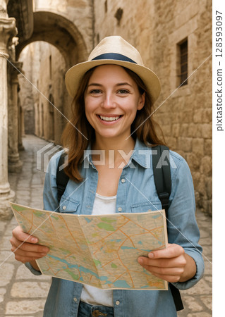 Young caucasian woman exploring historic stone alleyway with a map. concept of adventure, travel exploration, navigating new places, cultural discovery, solo female traveler, Vertical 128593097
