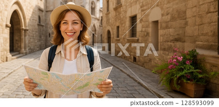 Smiling caucasian woman exploring a historic european village with a map on a sunny day. concept of travel adventure, sightseeing, cultural exploration. Wide banner with copy space 128593099