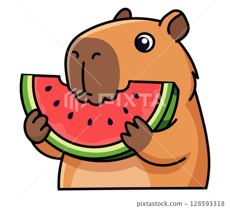 Cute capybara character happily eating a big slice of watermelon. Funny summer food concept. Adorable vector illustration for a picnic party, foodie blog, or children's menu. Isolated on white Cute capybara character happily eating a big slice of watermelon. Funny summer food concept. Adorable vector illustration for a picnic party, foodie blog, or children's menu. Isolated on white 128593318
