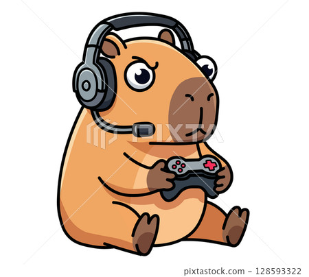 Gamer capybara character playing a video game with a controller and a headset. Funny mascot for an esports team, a streamer's channel, or a gaming blog. Cute cartoon illustration for geeks and video 128593322