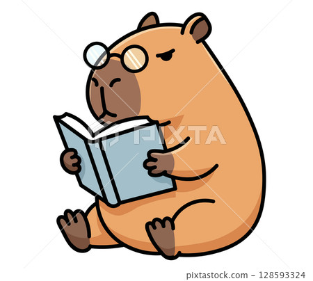 Smart capybara character with glasses reading a book. Intellectual animal mascot symbolizing education, knowledge, and the love of reading. Perfect for a library, bookstore, or a "back to school" camp 128593324