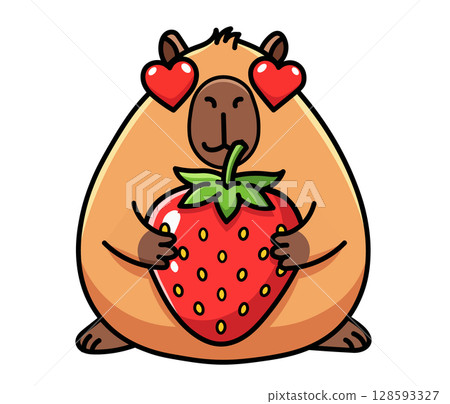 Cute capybara character in love with a giant strawberry. Adorable cartoon animal with heart eyes, symbolizing passion for food, romance, and summer. Perfect for Valentine's Day cards, foodie blogs, or 128593327