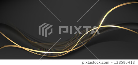 Abstract gold ribbon curve overlap on black luxury background vector 128593418