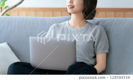 坐長沙發和使用計算機的婦女 坐長沙發和使用計算機的婦女 128593534