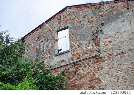 Dilapidated brick wall of an old abandoned building with a broken window, exposed plaster, and pipes, symbolizing urban decay and historical ruin 128593983