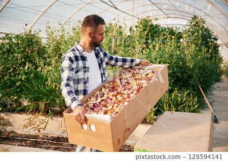Bunch of dried flowers in the box. Young gardener is in the greenhouse Bunch of dried flowers in the box. Young gardener is in the greenhouse 128594141