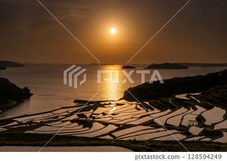 Nagasaki Prefecture: Tsuchiya rice terraces at dusk - a pristine Japanese landscape Nagasaki Prefecture: Tsuchiya rice terraces at dusk - a pristine Japanese landscape 128594249