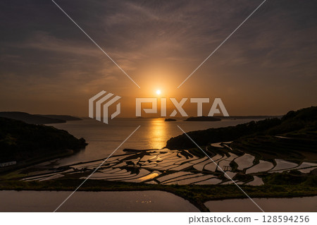 Nagasaki Prefecture: Tsuchiya rice terraces at dusk - a pristine Japanese landscape Nagasaki Prefecture: Tsuchiya rice terraces at dusk - a pristine Japanese landscape 128594256