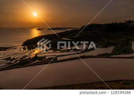 Nagasaki Prefecture: Tsuchiya rice terraces at dusk - a pristine Japanese landscape Nagasaki Prefecture: Tsuchiya rice terraces at dusk - a pristine Japanese landscape 128594266