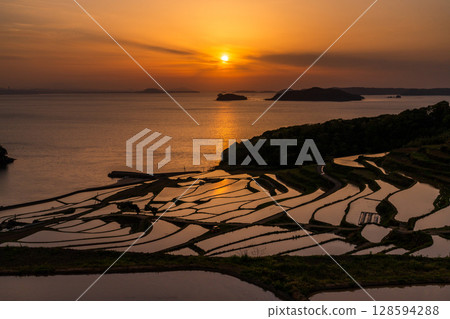 Nagasaki Prefecture: Tsuchiya rice terraces at dusk - a pristine Japanese landscape Nagasaki Prefecture: Tsuchiya rice terraces at dusk - a pristine Japanese landscape 128594288