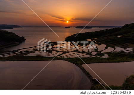 Nagasaki Prefecture: Tsuchiya rice terraces at dusk - a pristine Japanese landscape Nagasaki Prefecture: Tsuchiya rice terraces at dusk - a pristine Japanese landscape 128594289