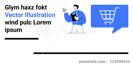 Professional man with clipboard pointing, digital shopping cart in speech bubble. Ideal for e-commerce, business solutions, digital marketing, online retail, presentations, web design, sales Professional man with clipboard pointing, digital shopping cart in speech bubble. Ideal for e-commerce, business solutions, digital marketing, online retail, presentations, web design, sales 128594433