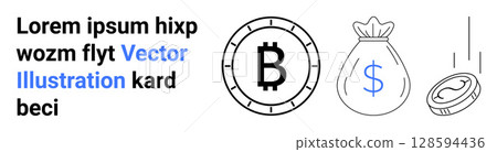 Bitcoin symbol coin, dollar sign money bag, falling coin represent cryptocurrency, financial growth, ROI, investments, savings, digital currency, blockchain. Ideal for fintech startups, investment 128594436