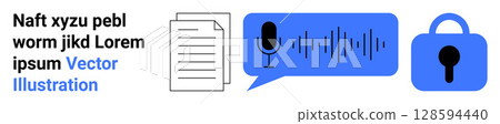 Document icon, microphone in speech bubble, and padlock symbol in blue and black. Ideal for communication, data security, digital privacy, information sharing, encryption, online media, tech Document icon, microphone in speech bubble, and padlock symbol in blue and black. Ideal for communication, data security, digital privacy, information sharing, encryption, online media, tech 128594440