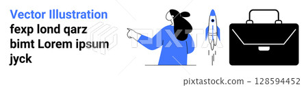 Businesswoman pointing towards rocket takeoff, signifying growth and aspirations. Adjacent briefcase representing business tools. Ideal for startups, entrepreneurship, goal-setting, innovation 128594452