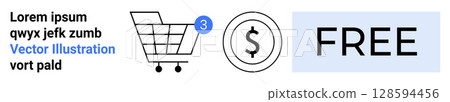 Shopping cart with a 3-item notification, dollar symbol, and Free label. Ideal for e-commerce, sale notifications, price-free items, online shopping, user interfaces, retail promotions, discount 128594456