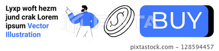 Text placeholder, man pointing, currency symbol, and blue buy button. Ideal for e-commerce, technology, digital transactions, online shopping, user interface design, marketing, landing page 128594457