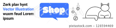 Chat bubble with the word Shop, currency symbols, and outline of a cat. Ideal for e-commerce, online shopping, customer service, web design, and marketing. Banner for landing page Chat bubble with the word Shop, currency symbols, and outline of a cat. Ideal for e-commerce, online shopping, customer service, web design, and marketing. Banner for landing page 128594469