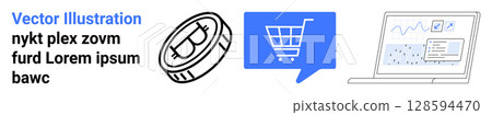 Coins, shopping cart, laptop with analytics symbolize e-commerce. Ideal for finance, digital marketing, business development, online shopping, retail sales, economic trends, data analysis. Landing Coins, shopping cart, laptop with analytics symbolize e-commerce. Ideal for finance, digital marketing, business development, online shopping, retail sales, economic trends, data analysis. Landing 128594470