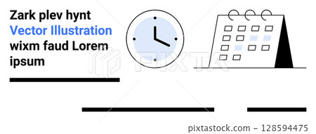 Clock symbol, calendar, and placeholder text. Ideal for time management, scheduling, event planning, productivity, office presentations, educational materials, and business planning. Landing page 128594475