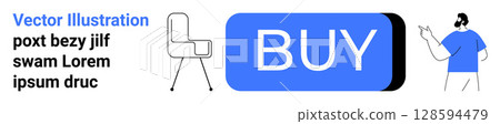 Blue BUY button, modern chair, man pointing. Ideal for e-commerce, shopping, calls-to-action, website banners, online stores, promotions, digital marketing. Landing page Blue BUY button, modern chair, man pointing. Ideal for e-commerce, shopping, calls-to-action, website banners, online stores, promotions, digital marketing. Landing page 128594479