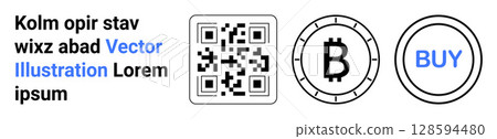 QR code, Bitcoin symbol in a circle, and blue BUY button in a circle. Ideal for e-commerce, cryptocurrency transactions, digital payments, marketing, online shopping, fintech, blockchain. Landing QR code, Bitcoin symbol in a circle, and blue BUY button in a circle. Ideal for e-commerce, cryptocurrency transactions, digital payments, marketing, online shopping, fintech, blockchain. Landing 128594480