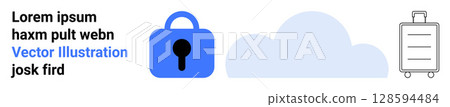 Secure cloud storage represented by padlock, cloud, and suitcase icons. Ideal for data security, cloud services, travel security, tech branding, online storage, cybersecurity, and digital marketing 128594484