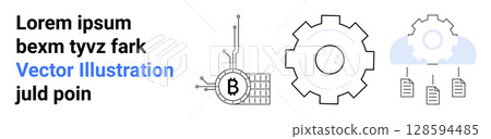 Bitcoin symbol with circuitry, gear mechanism, and cloud storage with data. Ideal for cryptocurrency, blockchain advancements, digital integration, financial technology, cloud computing, tech Bitcoin symbol with circuitry, gear mechanism, and cloud storage with data. Ideal for cryptocurrency, blockchain advancements, digital integration, financial technology, cloud computing, tech 128594485