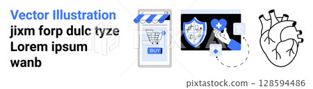 Shopping cart with a striped awning and BUY button, shield with a heart and hand, human heart sketch. Ideal for e-commerce, cybersecurity, healthcare, medical, anatomy education, wellness Shopping cart with a striped awning and BUY button, shield with a heart and hand, human heart sketch. Ideal for e-commerce, cybersecurity, healthcare, medical, anatomy education, wellness 128594486