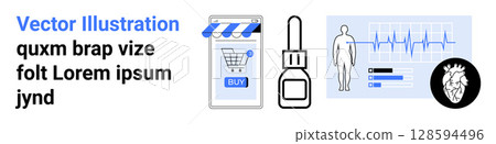 Medical heartbeat monitor, online shopping cart, nasal spray, human figure, heart icon. Ideal for healthcare, e-commerce, medical technology, online pharmacies, digital health tools, wellness 128594496