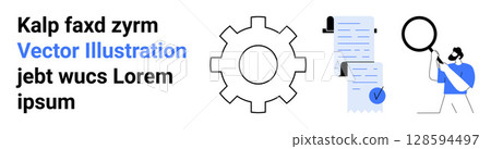 Gear symbol, checklist with document and checkmark, male figure holding magnifying glass. Ideal for business workflow, project management, quality control, productivity, data analysis, compliance Gear symbol, checklist with document and checkmark, male figure holding magnifying glass. Ideal for business workflow, project management, quality control, productivity, data analysis, compliance 128594497
