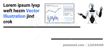 Robot, line chart with candlestick graph, placeholders for text. Ideal for data analysis, AI technology, machine learning, business strategy, futuristic design, tech presentations, landing page Robot, line chart with candlestick graph, placeholders for text. Ideal for data analysis, AI technology, machine learning, business strategy, futuristic design, tech presentations, landing page 128594499