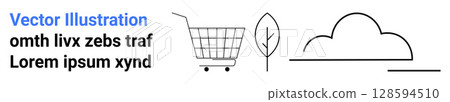 Shopping cart, tree, and cloud symbolizing eco-friendly retail and sustainability. Ideal for e-commerce, ecological branding, sustainability, environment-themed campaigns, green marketing, online 128594510